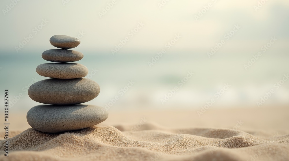 Balanced stack of stones on a tranquil beach with the ocean and sky in the background Balanced stack of stones on a tranquil beach with the ocean and sky in the background