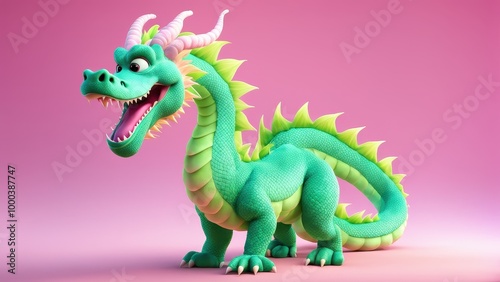 A vibrant cartoon dragon with a playful expression against a pink background.