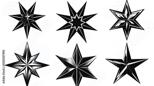 A diverse collection of black star vector icons showcasing various intricate geometric designs and abstract patterns, ideal for creative projects, graphic design, and branding.