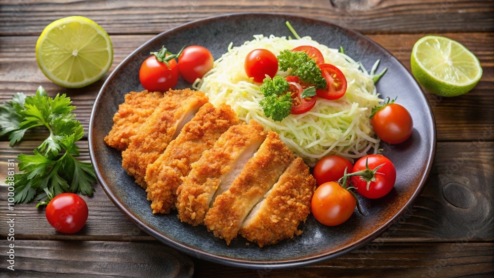 Tonkatsu - panko breaded deep-fried pork cutlet served with fresh shredded cabbage salad, tomatoes and lime slices on a plate, Japanese cuisine, view from above, copy space Tonkatsu - panko breaded deep-fried pork cutlet served with fresh shredded cabbage salad, tomatoes and lime slices on a plate, Japanese cuisine, view from above, copy space