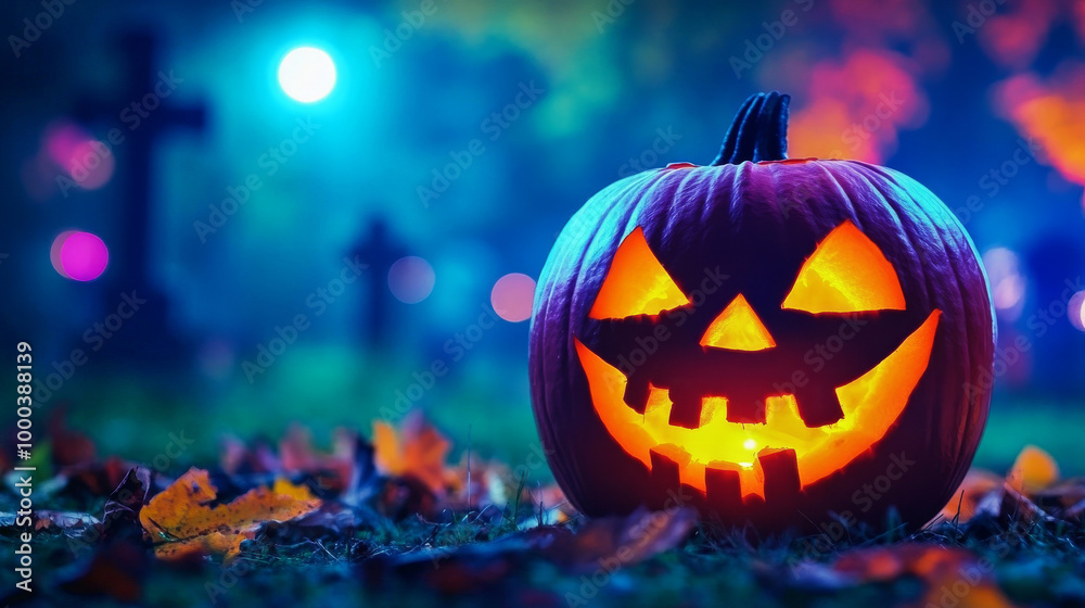 A glowing jack-o'-lantern sits in a field of autumn leaves. A glowing jack-o'-lantern sits in a field of autumn leaves.