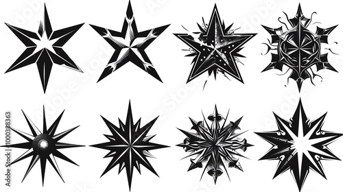 A diverse collection of black star vector icons showcasing various intricate geometric designs and abstract patterns, ideal for creative projects, graphic design, and branding.