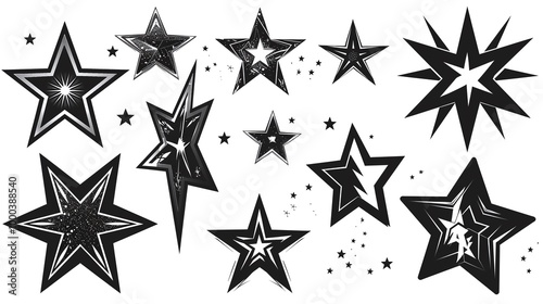 A diverse collection of black star vector icons showcasing various intricate geometric designs and abstract patterns, ideal for creative projects, graphic design, and branding.