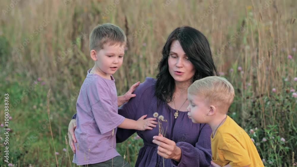 happy family, pregnant mother and children on a walk in the summer playing outside in a field. High quality FullHD footage happy family, pregnant mother and children on a walk in the summer playing outside in a field. High quality FullHD footage