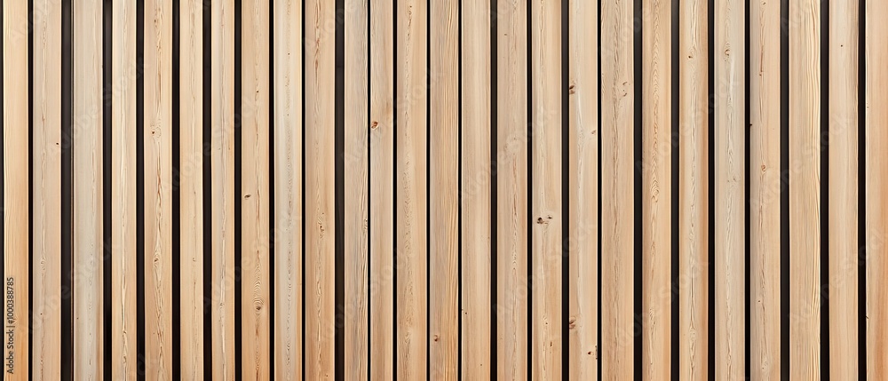 Naklejka premium Wall made of wooden panels. Vertical wooden slats for facade cladding. Timber stripes made of beige pine. A modern plank surface for interior and exterior design. 