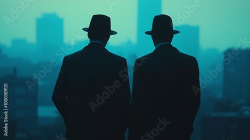 Two men in suits and hats stand in front of a city skyline