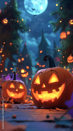 Smiling jack-o'-lanterns glow in a spooky forest.