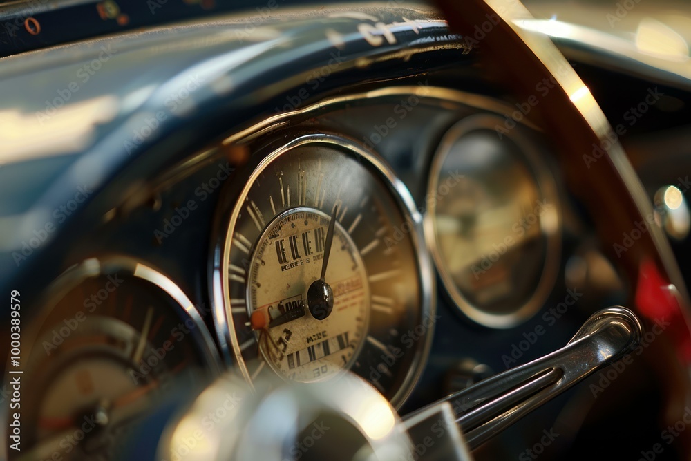 Obraz premium Close up view of a classic car dashboard showing speedometer and other instruments