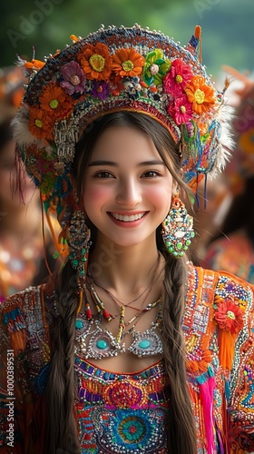 Smiling Woman in Traditional Asian Headwear and Clothing