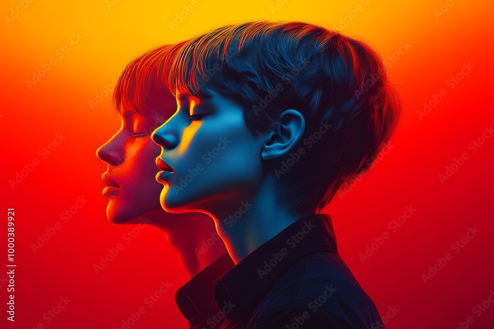 Bold digital illustration of two individuals in profile set against a fiery red and cool blue backdrop symbolizing contrast passion and individuality Bold digital illustration of two individuals in profile set against a fiery red and cool blue backdrop symbolizing contrast passion and individuality