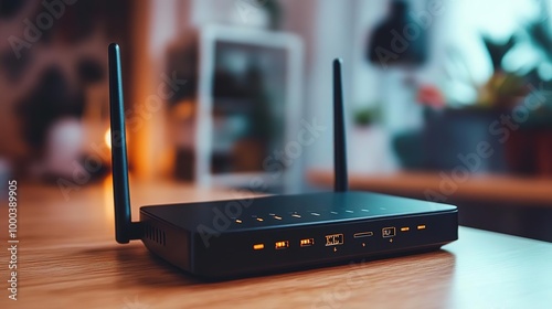 Modern wireless router on a wooden table, featuring antennas for strong connectivity in a home or office setting.