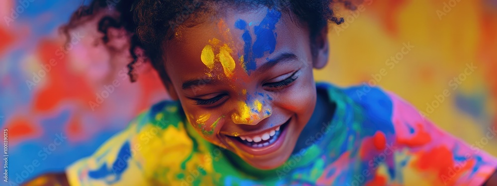 Smiling Child Painting with Bright and Vivid Colors Smiling Child Painting with Bright and Vivid Colors