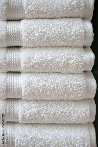 Stacked, neatly folded, white towels for hotel, spa, bathroom supply, cleanliness concept