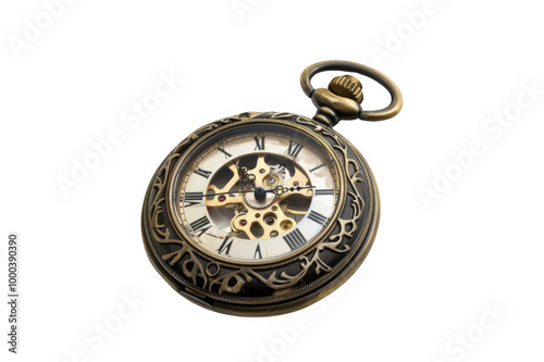 A vintage pocket watch with intricate engravings, isolated 