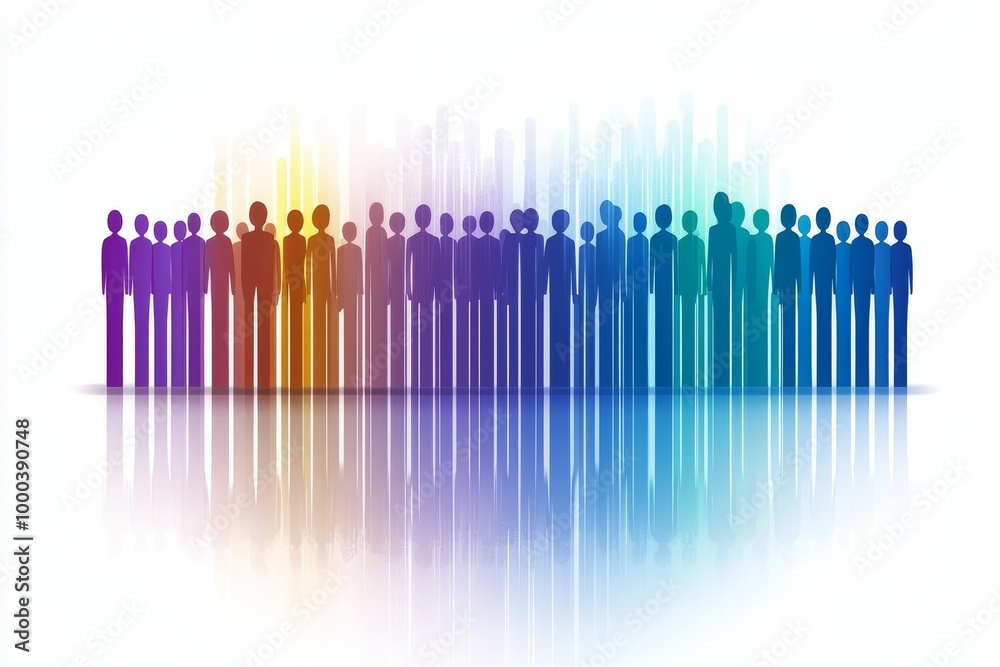 Futuristic illustration of human figures standing in rows with a gradient of bright energetic colors symbolizing innovation community and forward thinking Futuristic illustration of human figures standing in rows with a gradient of bright energetic colors symbolizing innovation community and forward thinking