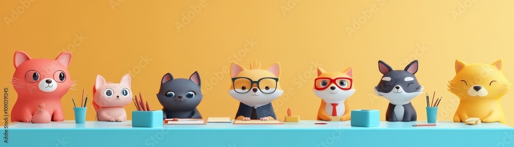 Fototapeta premium A group of 3D animal cartoon characters in a corporate meeting discussing financial strategies and resolving a conflict over budget flat design with text copy space