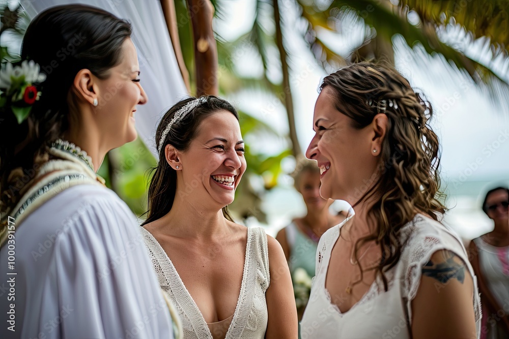 Wedding, commitment and happy lesbian couple at altar with smile, love and minister for ceremony. Wedding, commitment and happy lesbian couple at altar with smile, love and minister for ceremony.