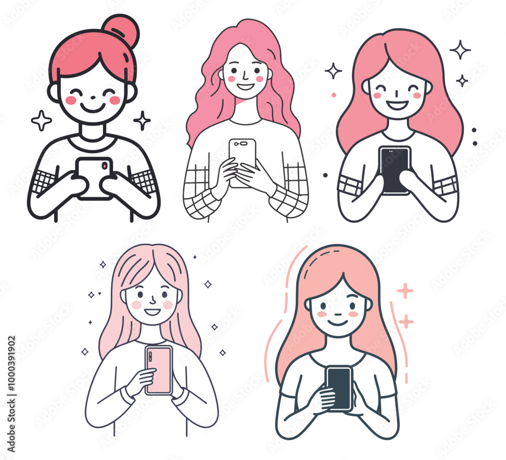 women holding smartphones and smiling. The illustration is in a simple line art style with pink accents women holding smartphones and smiling. The illustration is in a simple line art style with pink accents