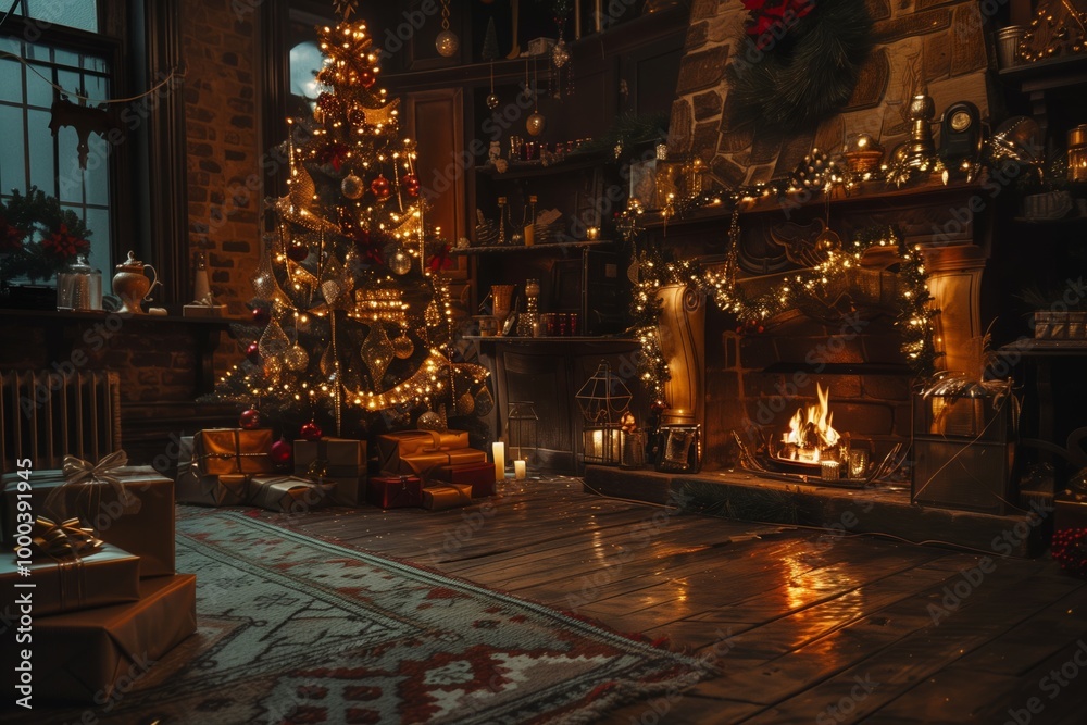 A beautifully decorated house for Christmas. A lit fireplace and candles, a decorated Christmas tree and gifts laid out A beautifully decorated house for Christmas. A lit fireplace and candles, a decorated Christmas tree and gifts laid out