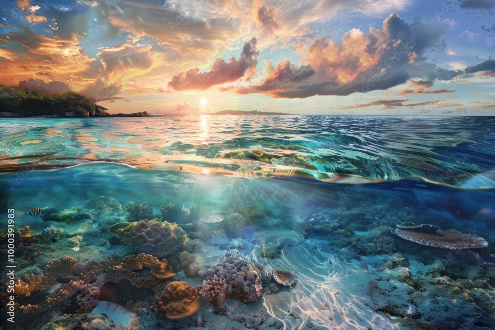 Fototapeta premium Sun setting over a tropical island with the coral reef visible below the surface of the water