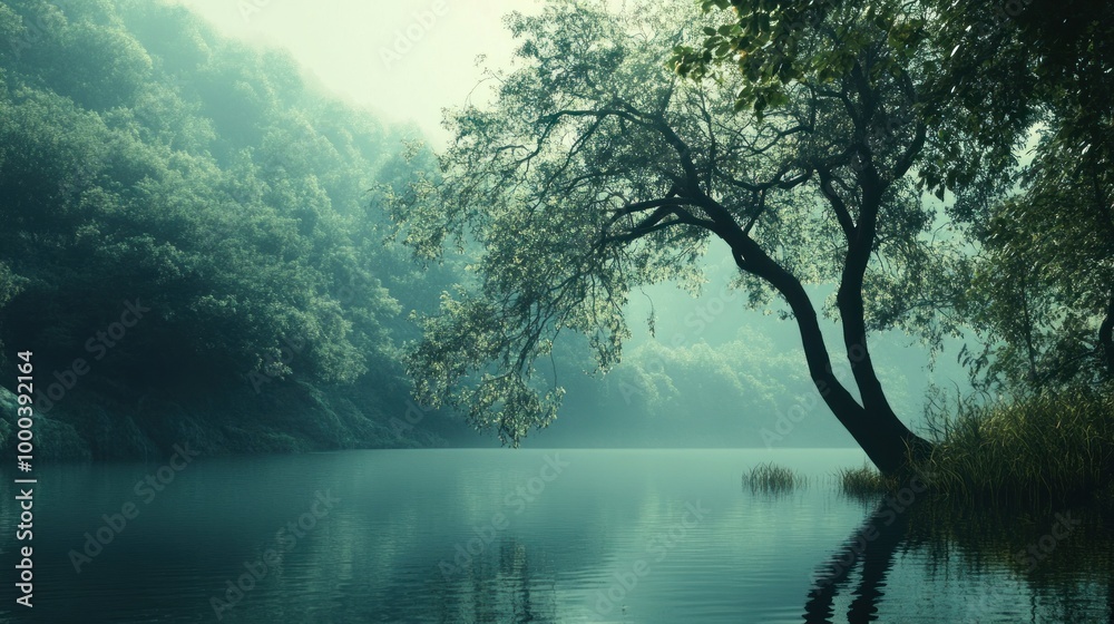 A solitary tree stands tall by a tranquil lake in a misty forest A solitary tree stands tall by a tranquil lake in a misty forest