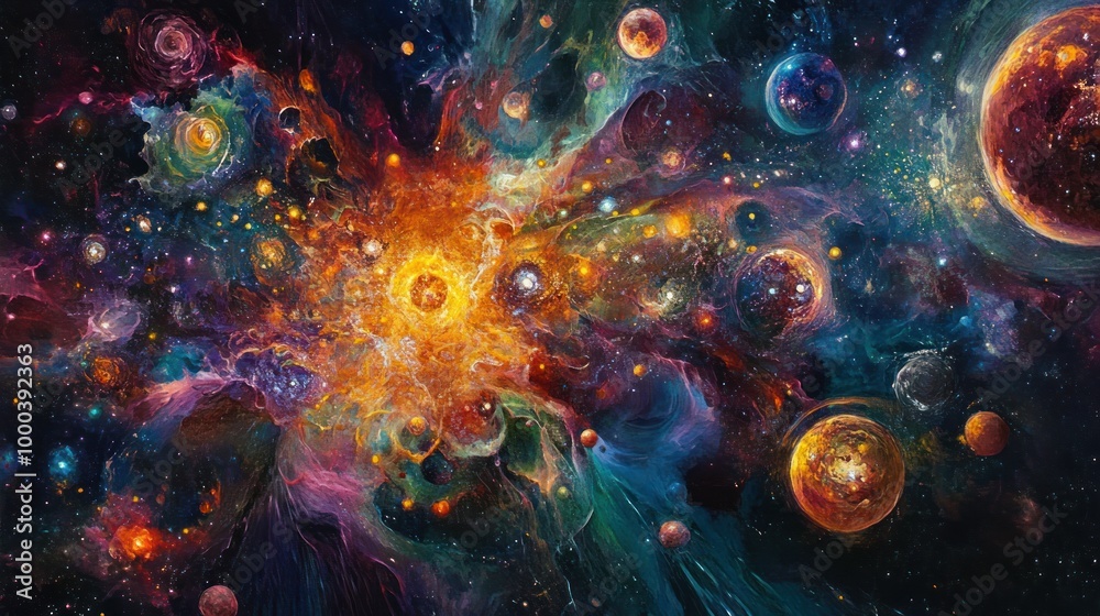 A vibrant, abstract painting depicting a cosmic nebula with numerous planets and stars. A vibrant, abstract painting depicting a cosmic nebula with numerous planets and stars.