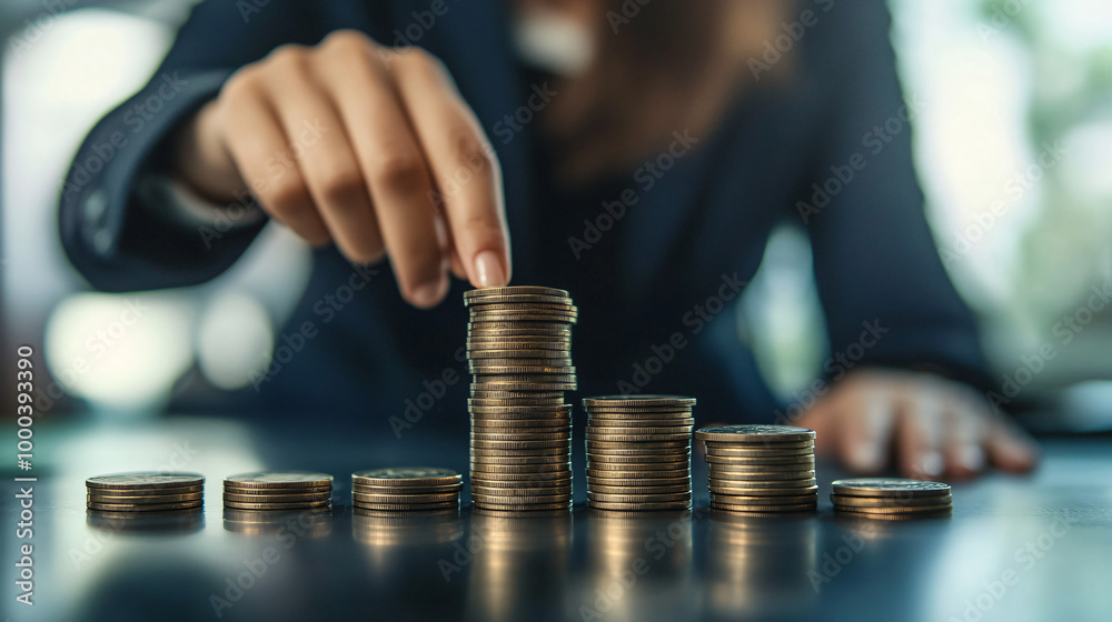 Businesswoman is stacking coins on a table to represent increasing profits and savings Businesswoman is stacking coins on a table to represent increasing profits and savings