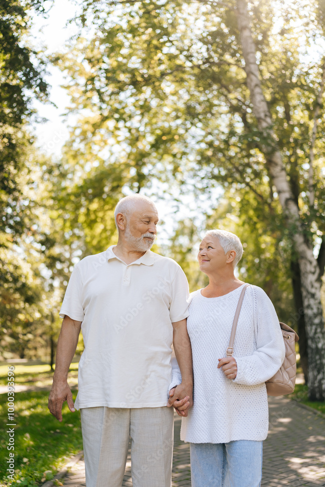 Vertical shot of affectionate retired gray-haired couple enjoying sunny day in park, loving looking at each other, walking hand in hand, chatting and laughing, embodying love and companionship Vertical shot of affectionate retired gray-haired couple enjoying sunny day in park, loving looking at each other, walking hand in hand, chatting and laughing, embodying love and companionship