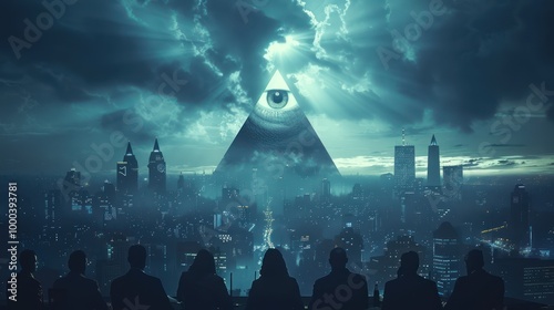 Elite Rulers: Illuminati Meeting with All-Seeing Eye Pyramid, Symbolizing Secret Societies, Occultism, and Masonic Conspiracies. photo