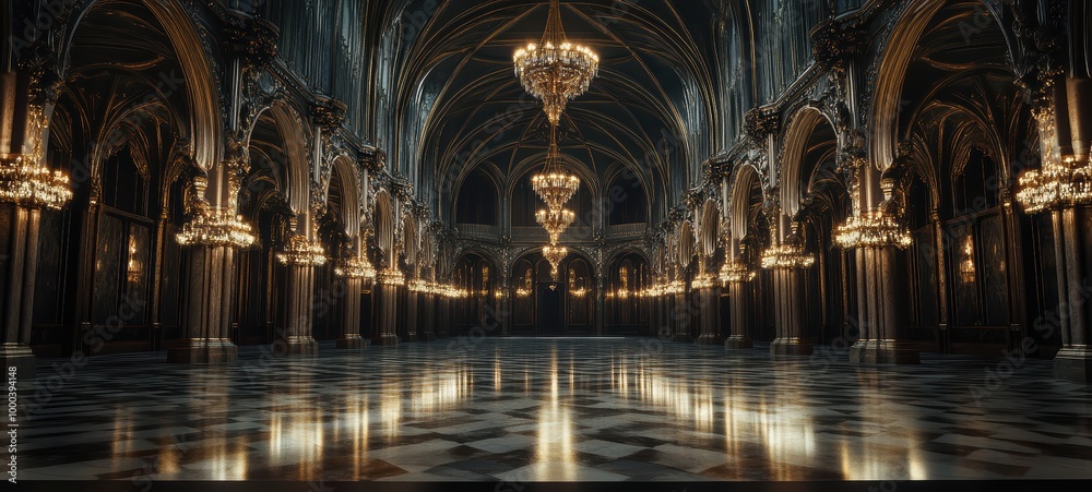 A Gothic hall of mirrors, with ornate arches, chandeliers, and a reflective floor A Gothic hall of mirrors, with ornate arches, chandeliers, and a reflective floor