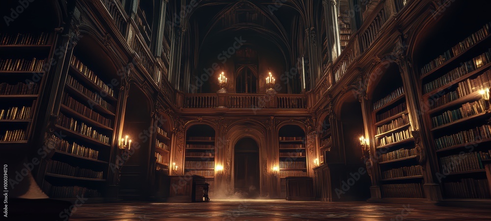 Obraz premium A Gothic library, with towering shelves, ornate arches, and richly detailed woodwork