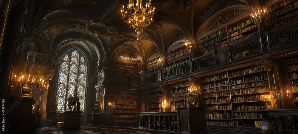 Obraz premium A Gothic library, with towering shelves, ornate arches, and richly detailed woodwork
