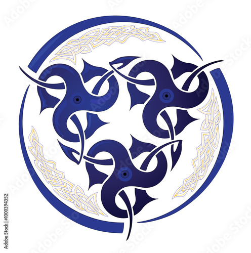 Ancient Celtic triskelion drawing with hydra symbol. Vintage geometric ethnic magic sign. Triple trickle spiral ornament with Celtic knot pattern. Vector illustration for badge, icon, sticker, tattoo