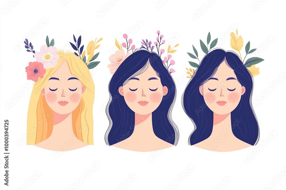 Three women with floral crowns and serene expressions symbolizing beauty nature and inner peace in a peaceful minimalist illustration Three women with floral crowns and serene expressions symbolizing beauty nature and inner peace in a peaceful minimalist illustration