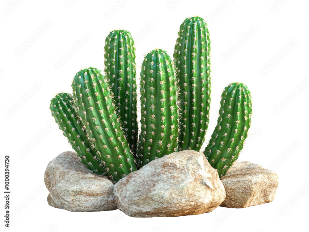 Cactus plants with rocks on a white isolated background transparent background