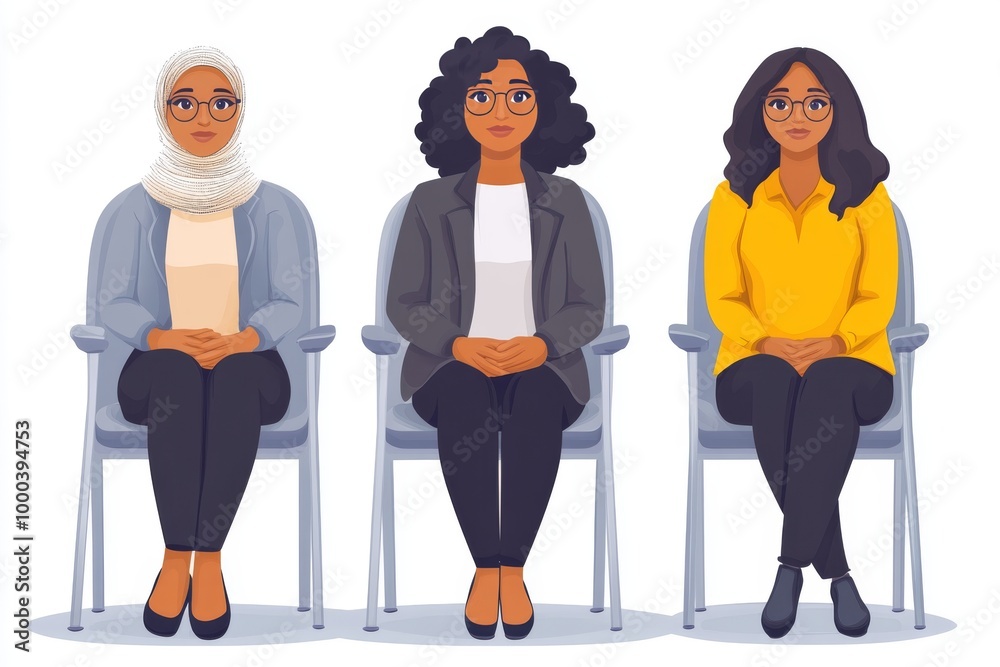Obraz premium Three women of different backgrounds sitting in a formal office setting symbolizing professionalism diversity and inclusion in the workplace