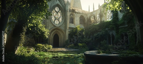 A Gothic monastery, with cloistered courtyards, vaulted ceilings, and ornate carvings