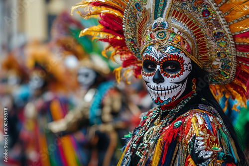 Vibrant dancers in colorful costumes celebrating cultural heritage during a lively street parade in Mexico