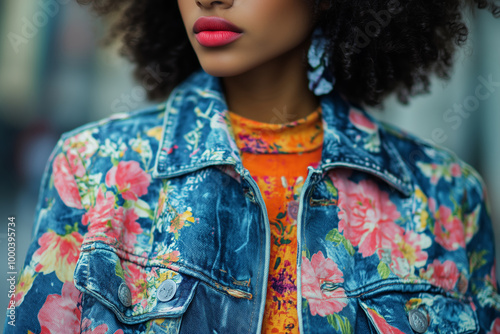 A vibrant blend of floral textures and stylish patterns captures a confident woman during a sunny day in the city