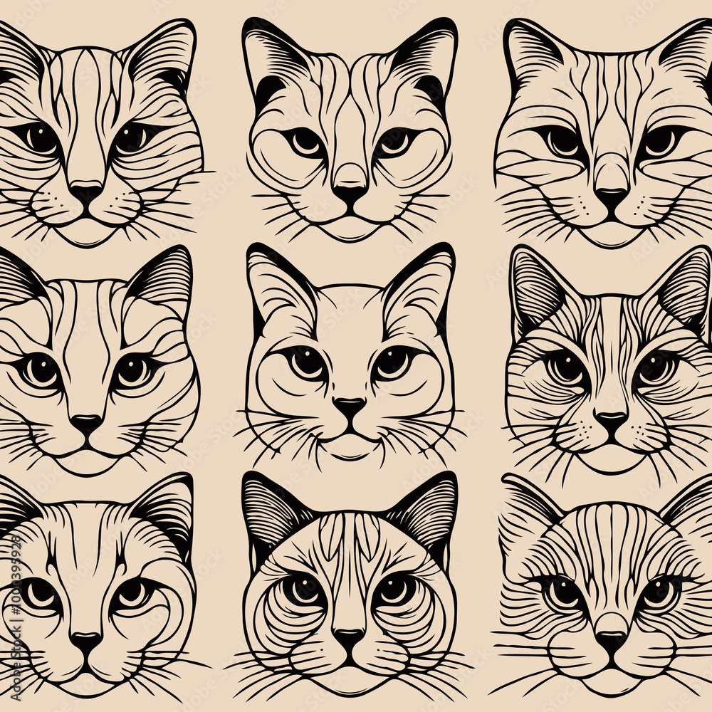Obraz premium black and white pet line art pattern with cats set of cats