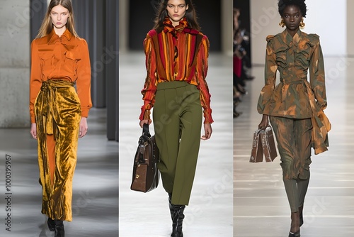 Fashion models showcase vibrant fall collection on the runway during a Paris show. Generative AI