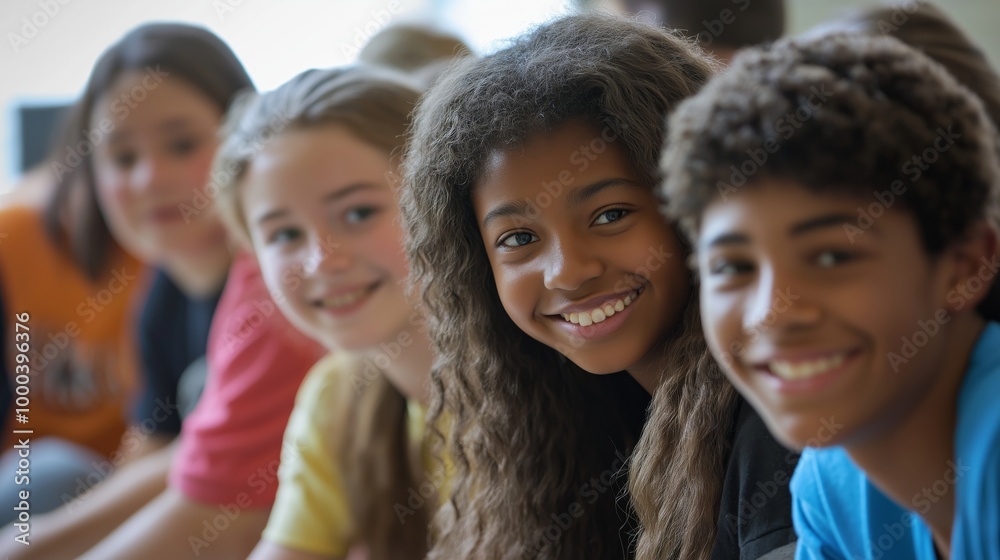 A diverse group of seventh-grade students smiling and sitting together, captured in natural lighting with a focus on one girl in the foreground
A diverse group of seventh-grade students smiling and sitting together, captured in natural lighting with a focus on one girl in the foreground