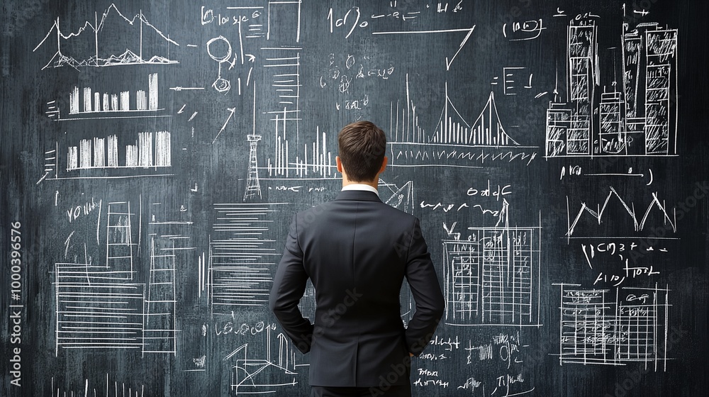 A man stands in front of a chalkboard with various graphs and numbers. He is deep in thought, possibly analyzing the data or trying to solve a problem. Concept of focus and concentration A man stands in front of a chalkboard with various graphs and numbers. He is deep in thought, possibly analyzing the data or trying to solve a problem. Concept of focus and concentration