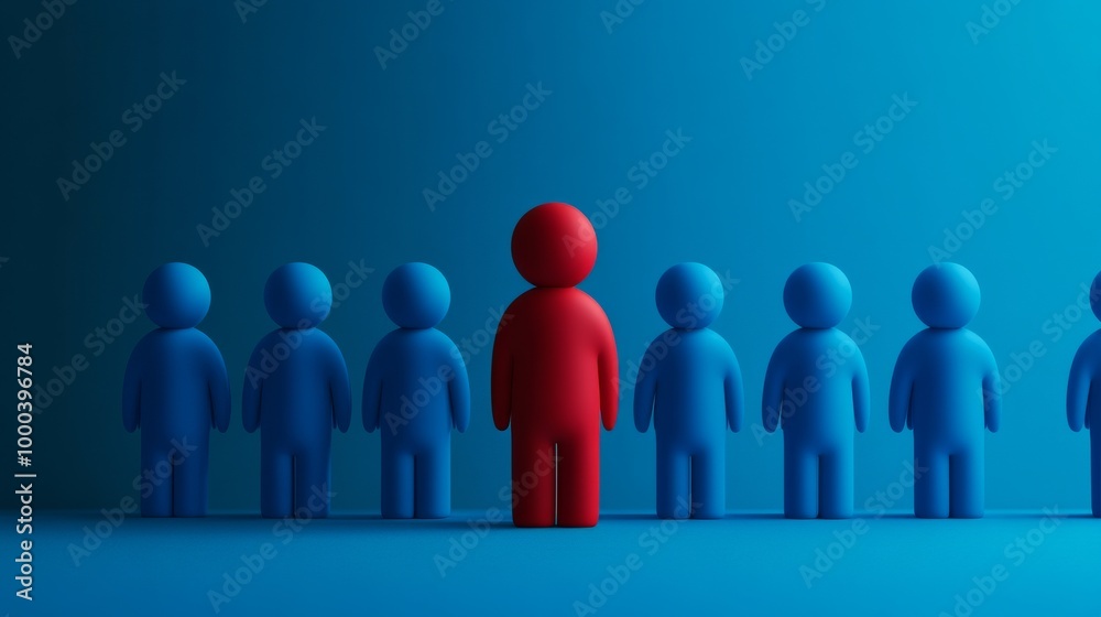 A red figure standing out from a row of blue figures, representing individuality, social exclusion, and uniqueness in a minimalistic style A red figure standing out from a row of blue figures, representing individuality, social exclusion, and uniqueness in a minimalistic style