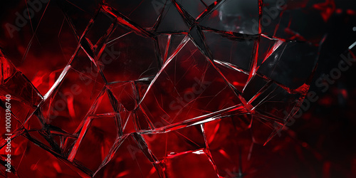 Broken red glass shards close-up, abstract design, shattered reflections, dark background, light, red, cracked, shards, fragments, glass, abstraction concept