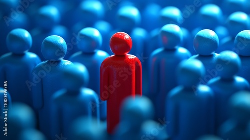  A red figure standing out among a crowd of blue figures, symbolizing individuality, social exclusion, and loneliness