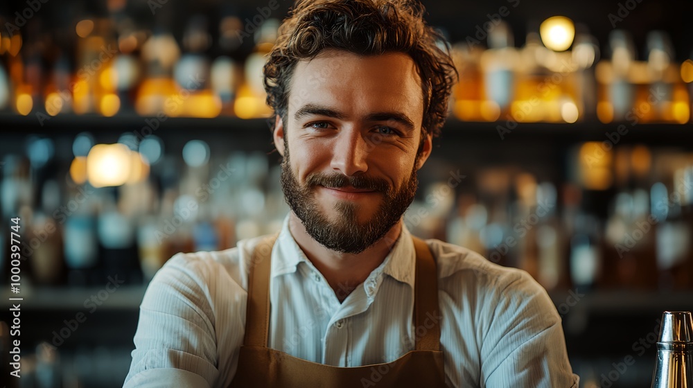 a man with a beard and an apron standing in front of a bar a man with a beard and an apron standing in front of a bar