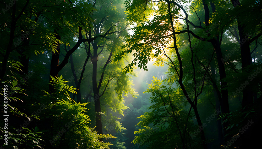 Obraz premium Sunlight Streaming Through Dense Forest Canopy.