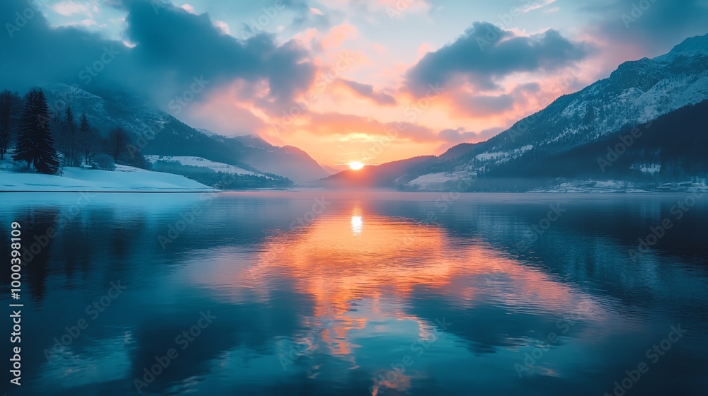 A beautiful sunset over a lake with mountains in the background A beautiful sunset over a lake with mountains in the background