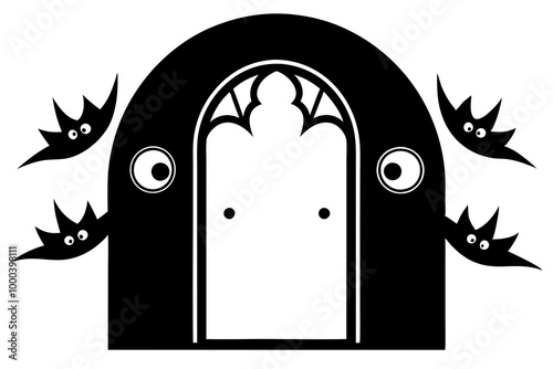 Halloween door with monster eyes. Scary and creepy creatures eyeballs glowing in darkness, night demons or Halloween monsters cartoon vector eyes in opened door arch background